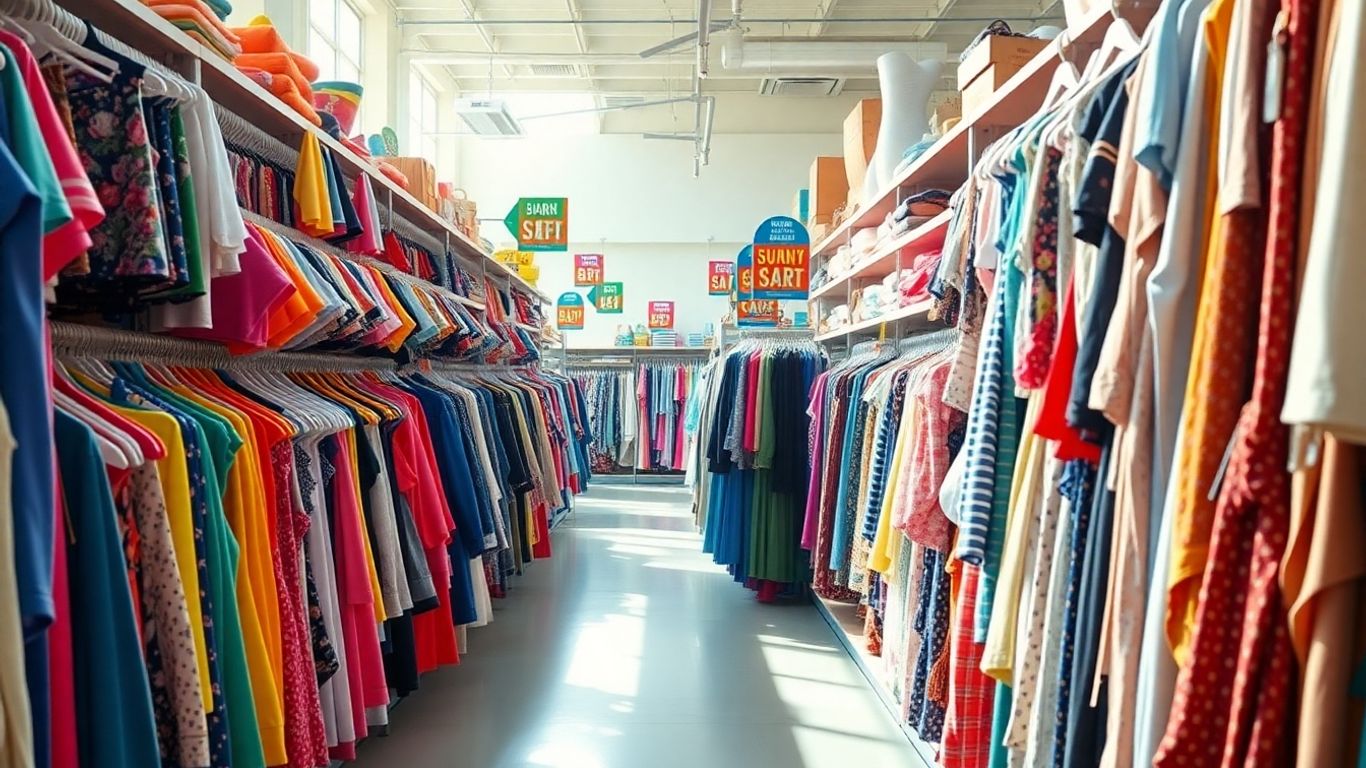 Colorful clothing racks and shelves brimming with merchandise.