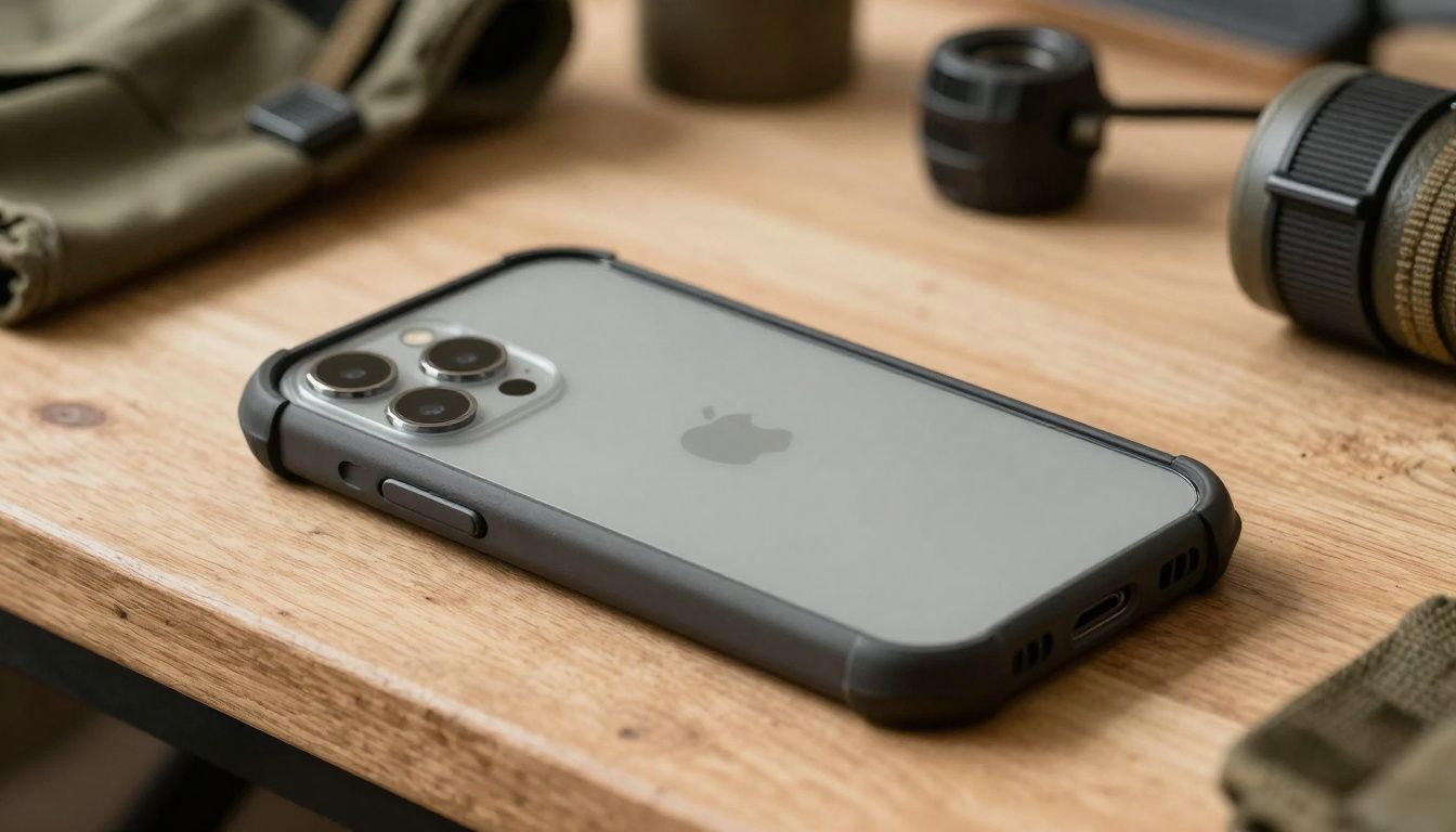 A photorealistic image showing a neutral smartphone in a rugged case on a wooden workbench with outdoor gear in the background