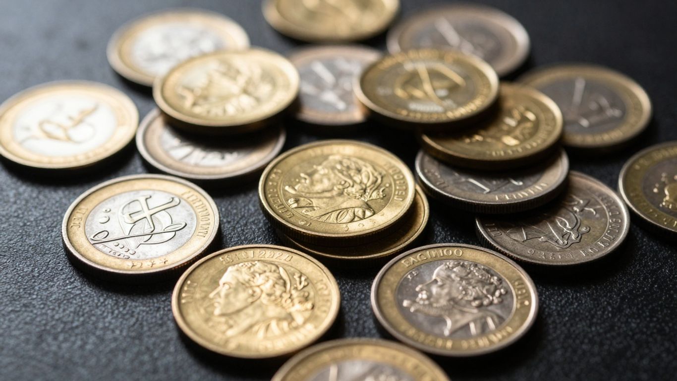 Gold and silver coins scattered on a surface.
