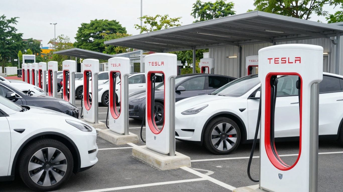 Tesla Supercharger station with electric vehicles charging.