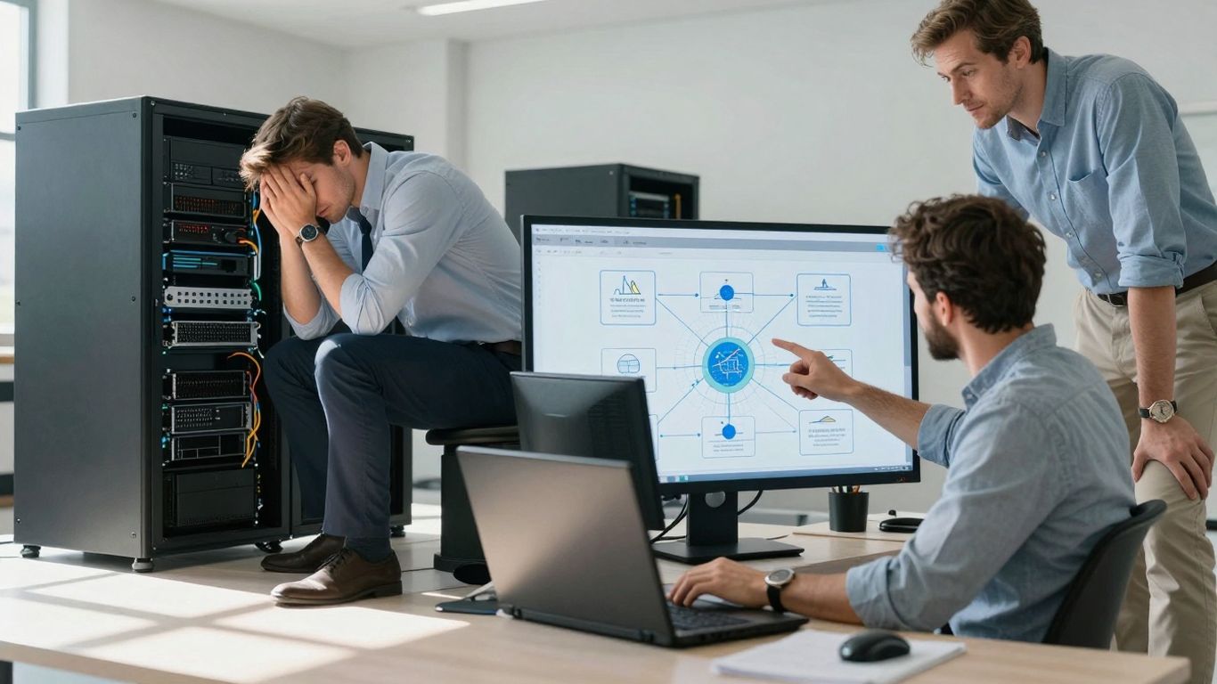 IT professional looking stressed then relieved after second opinion.