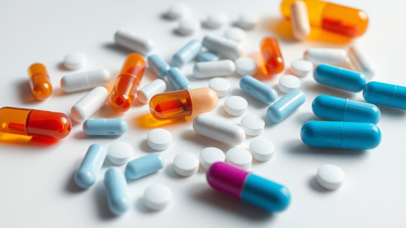 Pílulas e cápsulas de medicamentos em uma superfície.