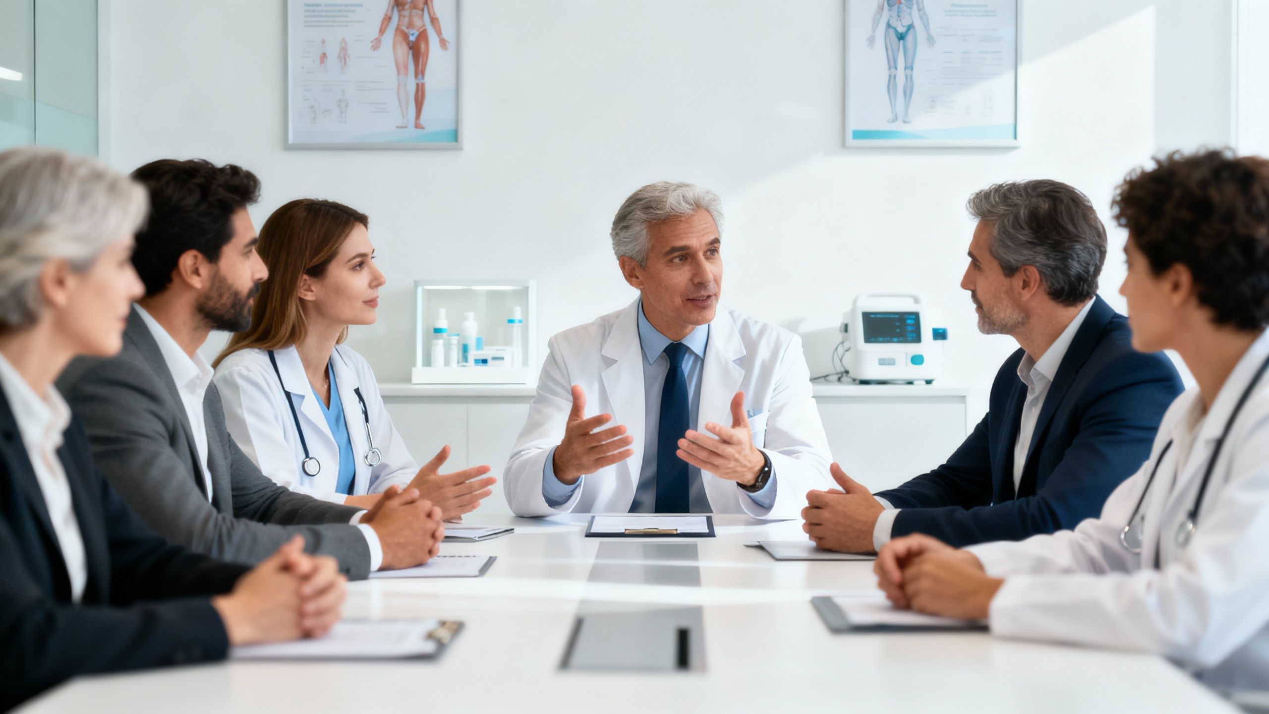 Clinic owners in a meeting discussing workflow automation.