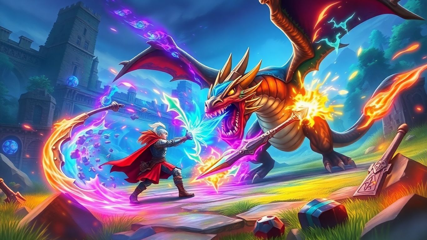 Fantasy knight fighting a dragon in a game.