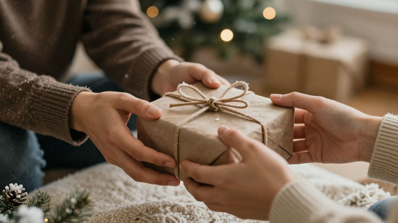 Hands exchanging a Christmas gift, spreading hope.