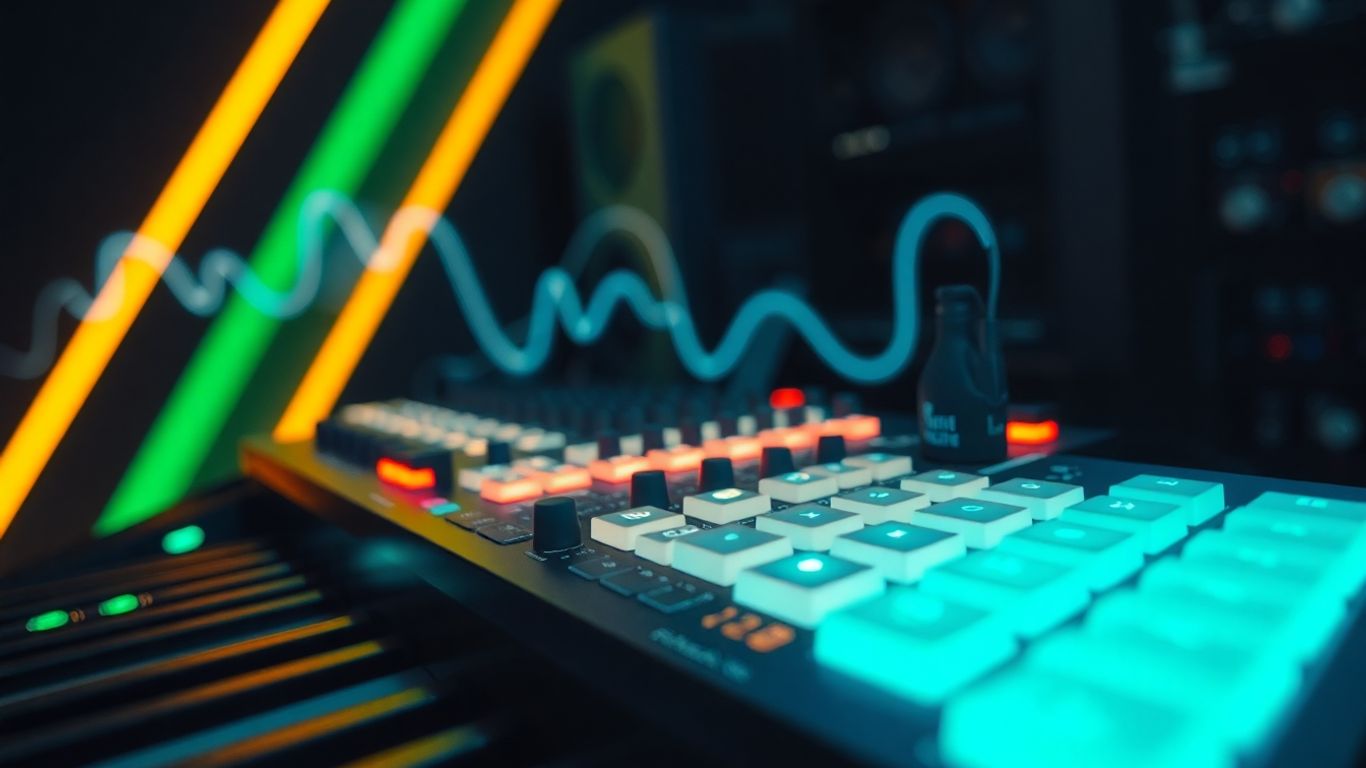 Futuristic synthesizer creating abstract sound waves in a studio.