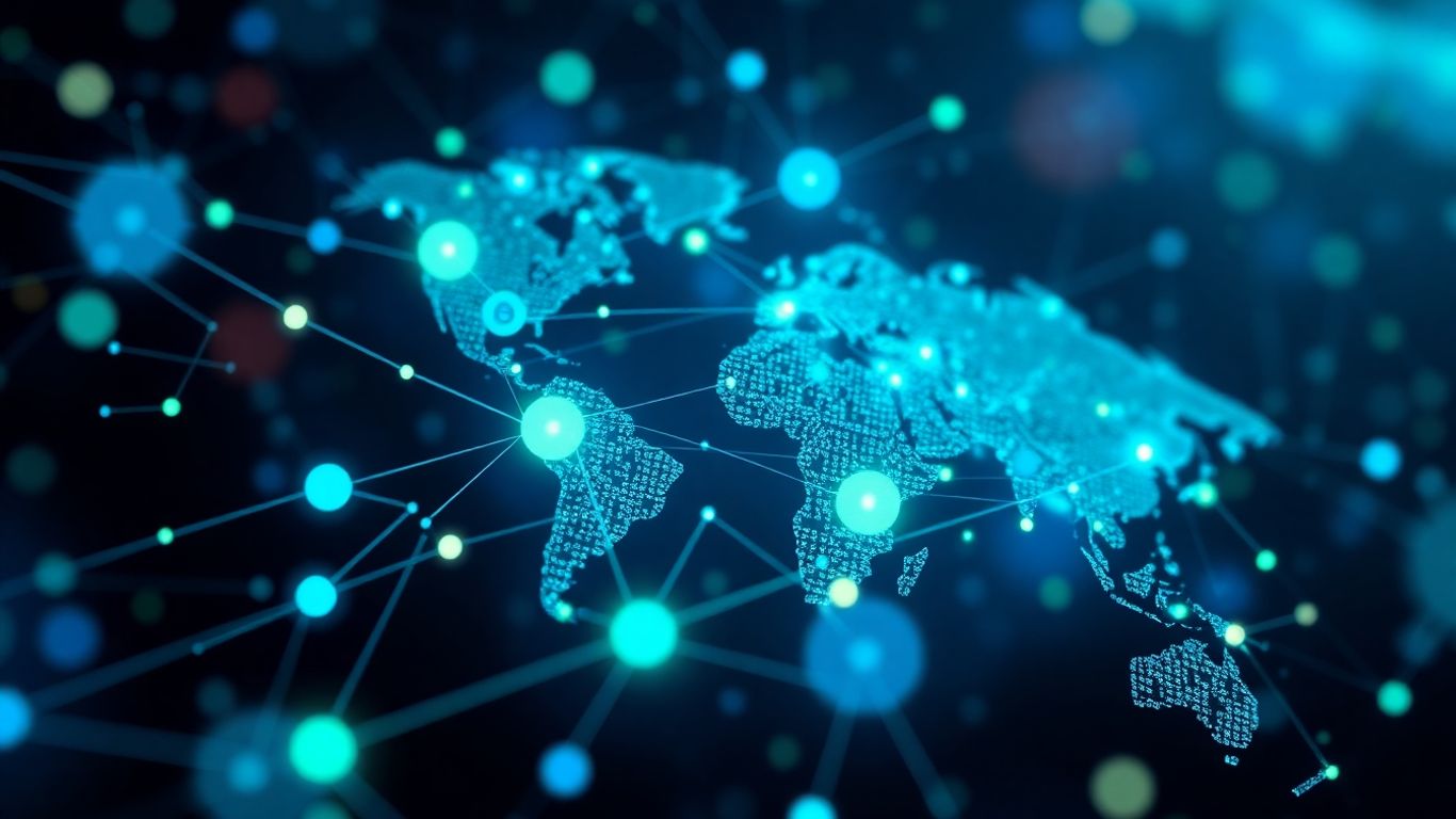 Infographic of global networks and digital circuits.