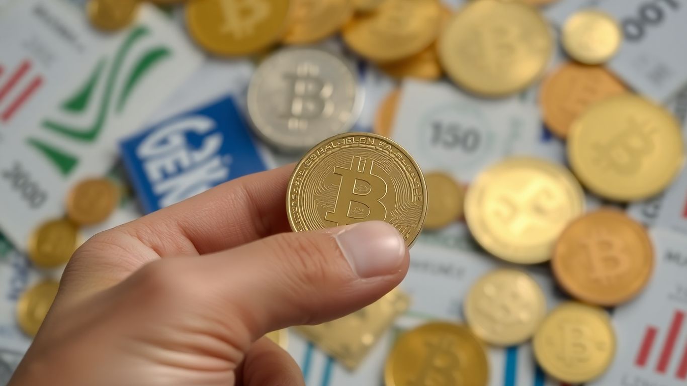 Golden coin held in hand, financial assets background.