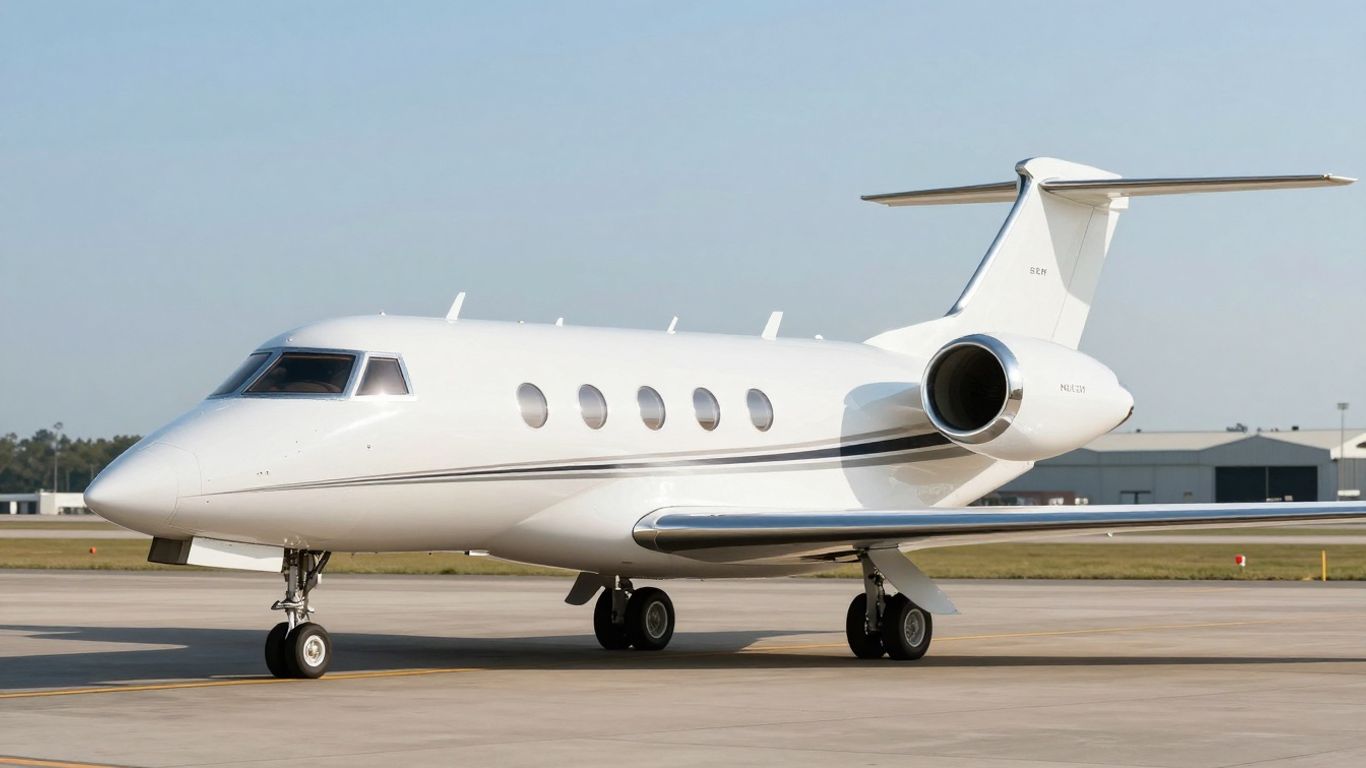 Sleek private jet on airport tarmac