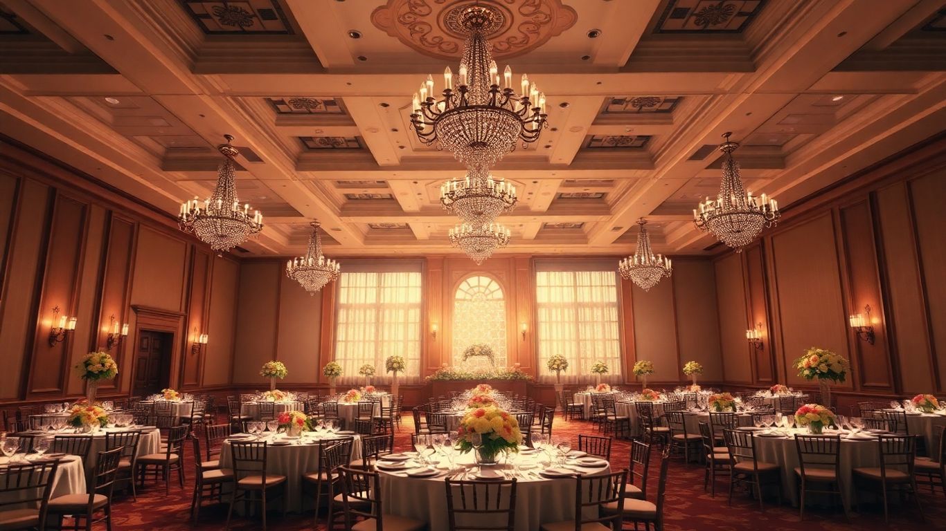 Elegant Dallas venue with chandeliers and floral arrangements.