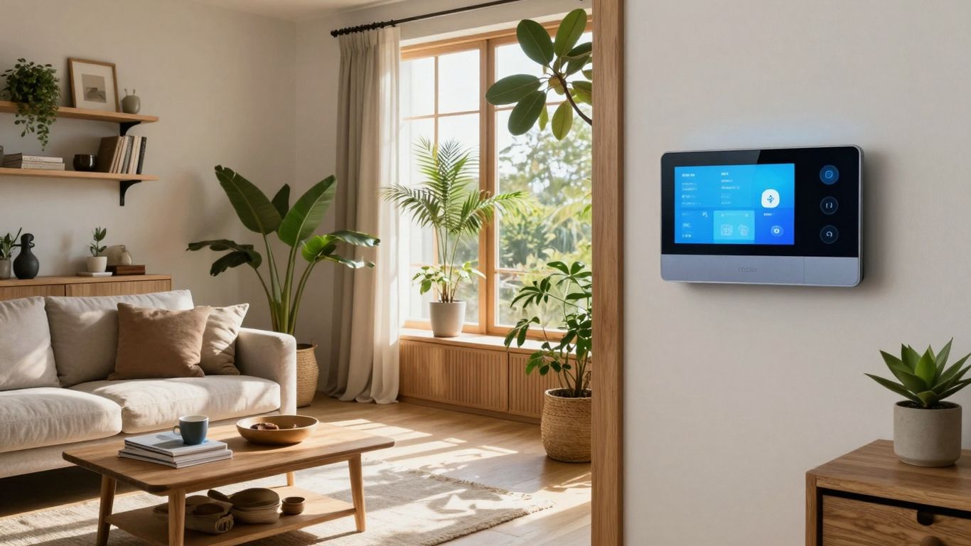 Modern living room with smart tech and sustainable design.