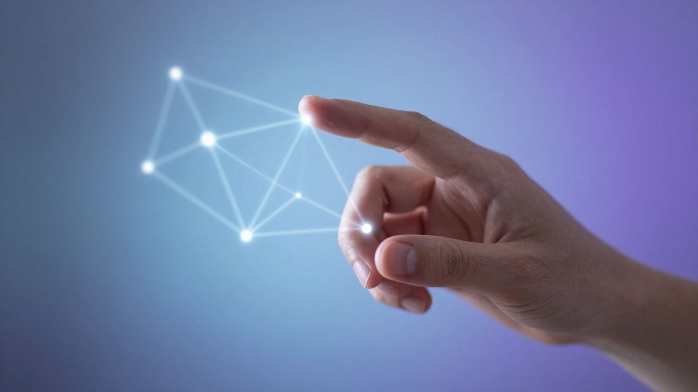 Human hand touching abstract AI network nodes