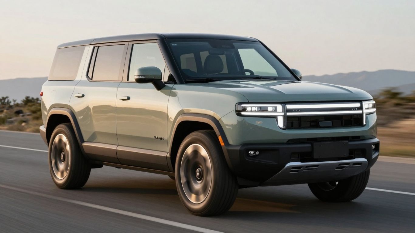 Rivian R1 electric vehicle on an open road.