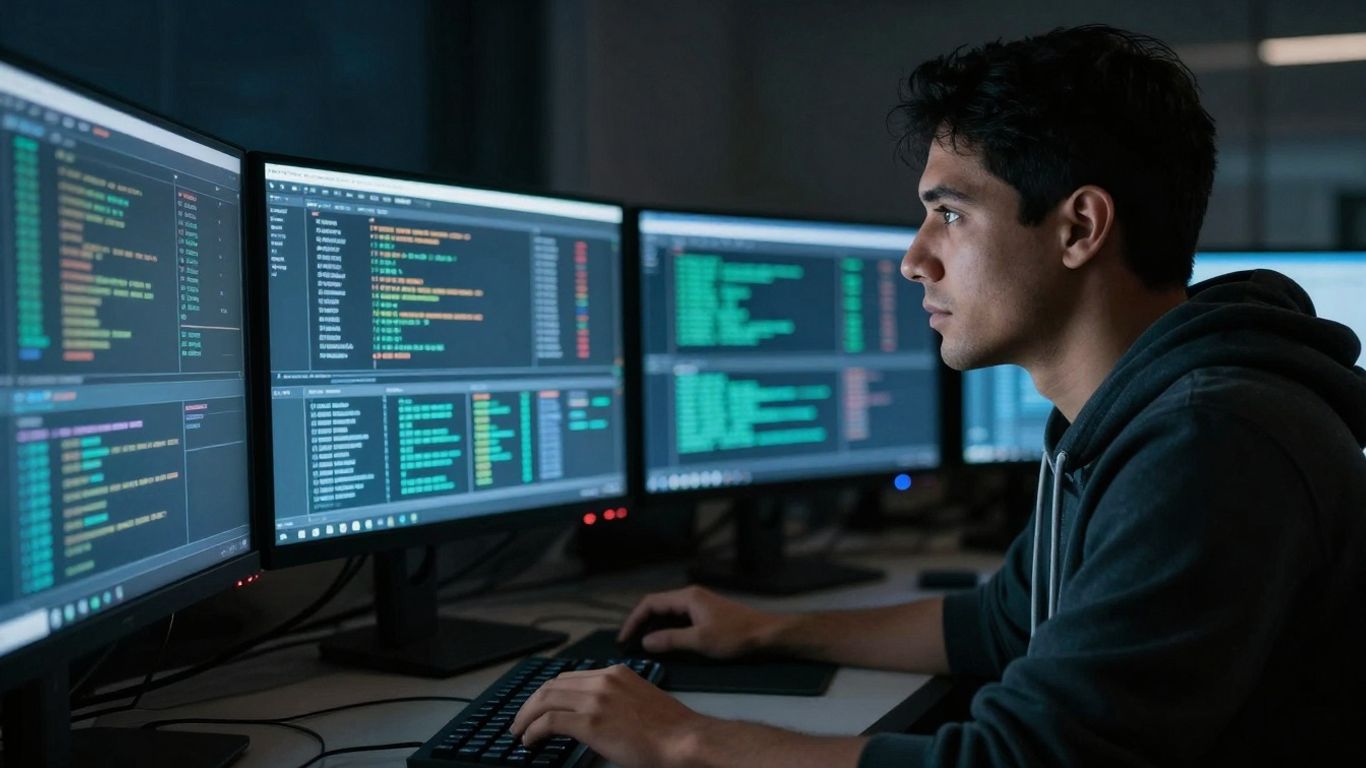 SOC analyst monitoring complex data on multiple screens.