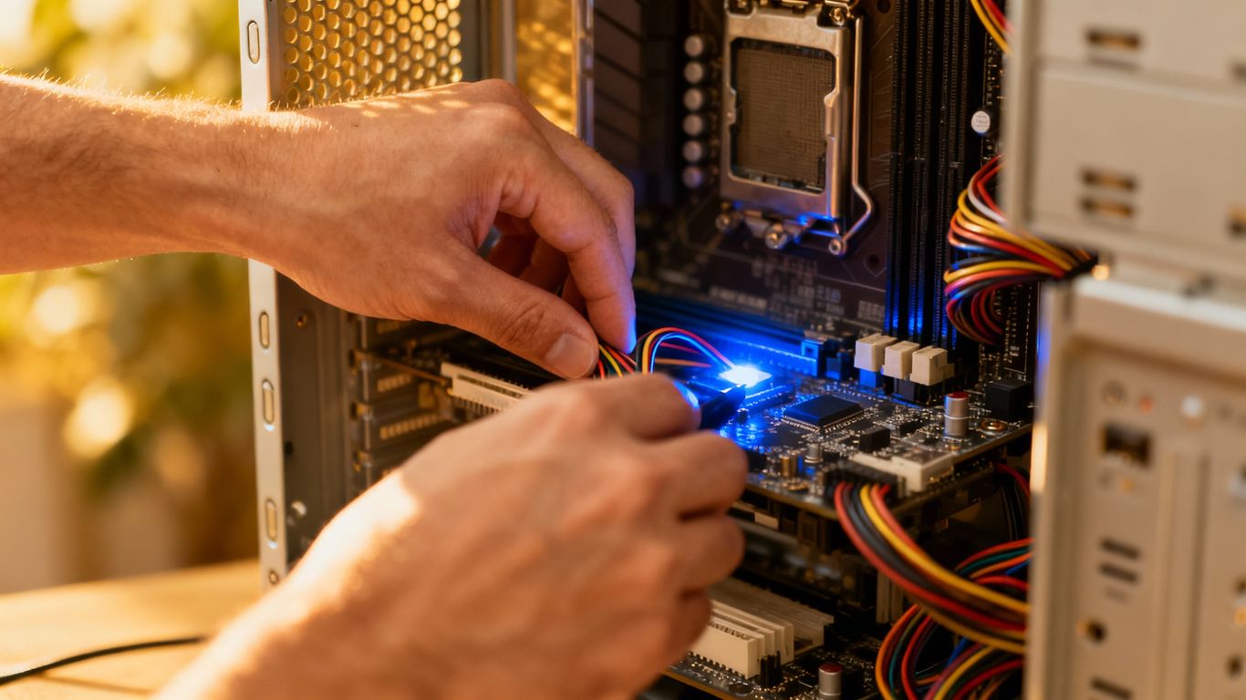Hands repairing a desktop computer's internal components.