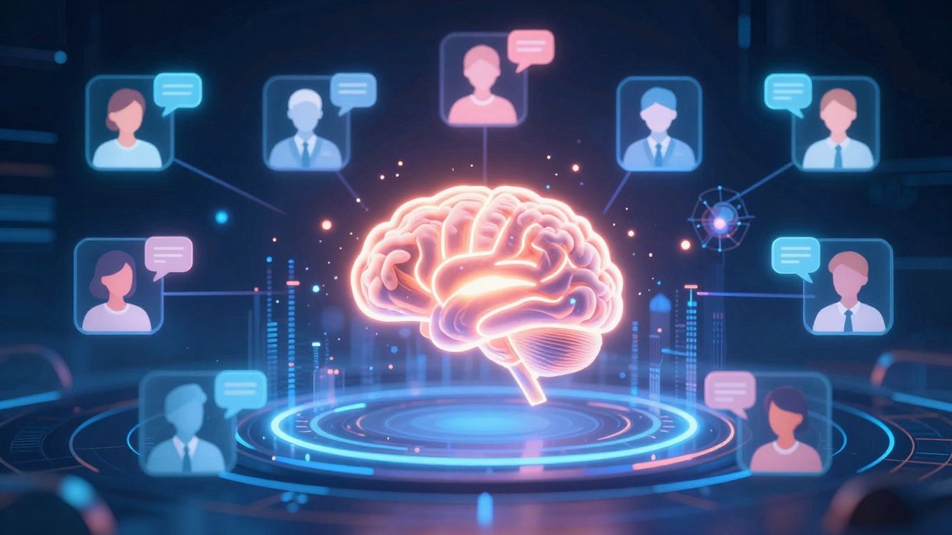 AI characters and speech bubbles infographic