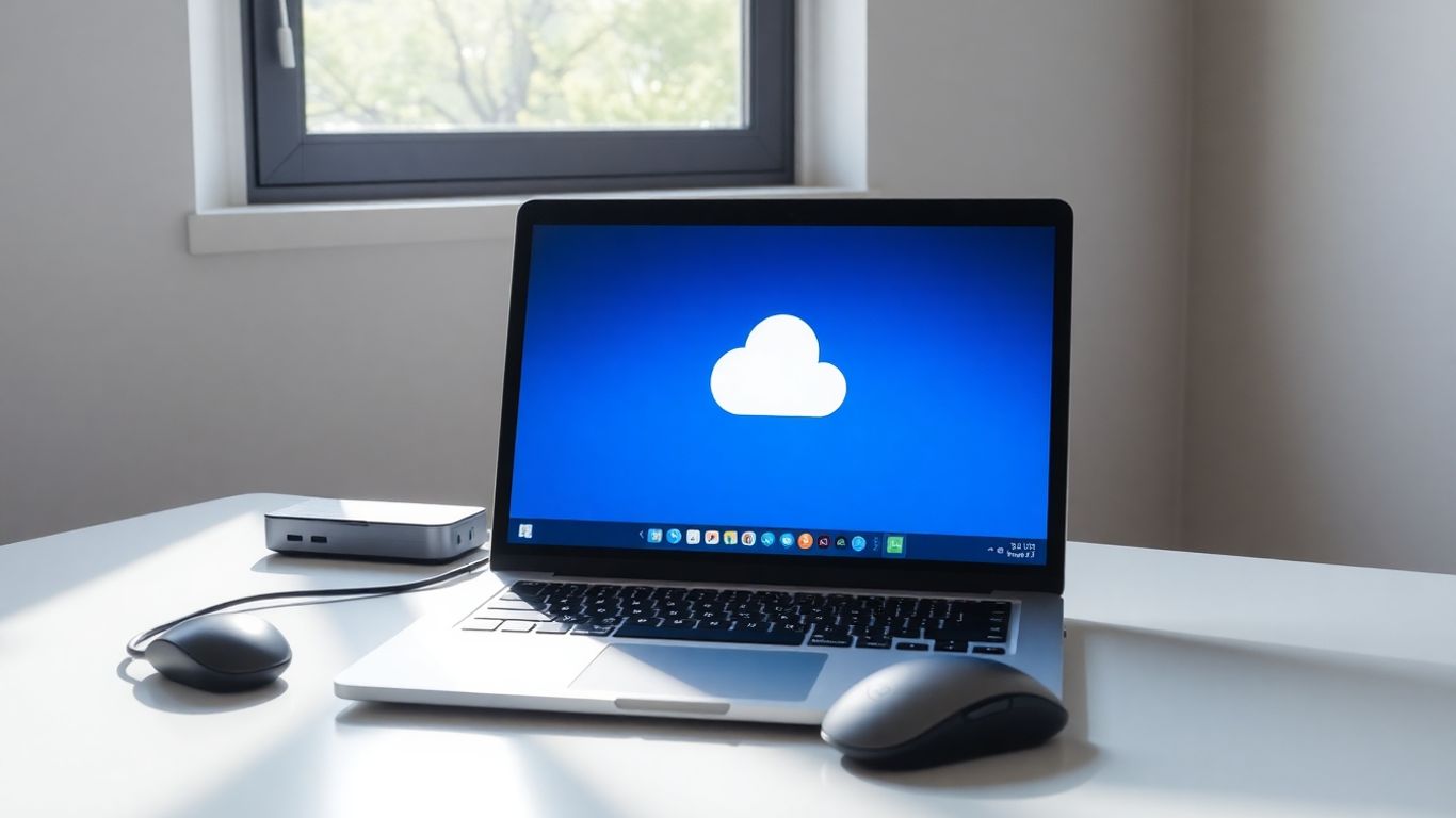 Laptop showing OneDrive interface on a desk.