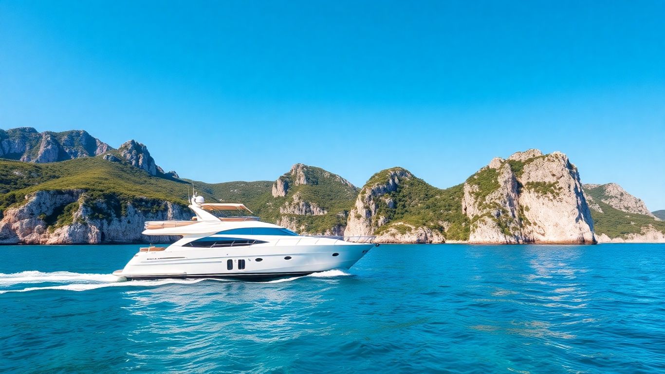 Yacht sailing near Croatian islands and coastline.