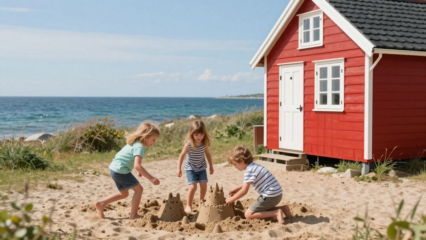 Gezin geniet van vakantie in Denemarken bij strandhuisje.