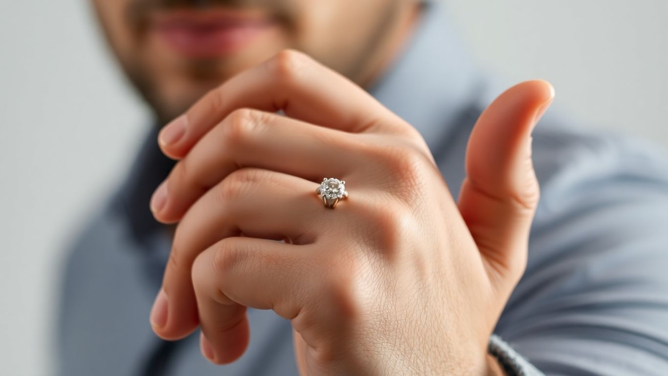 Man's hand wearing a stylish engagement ring.