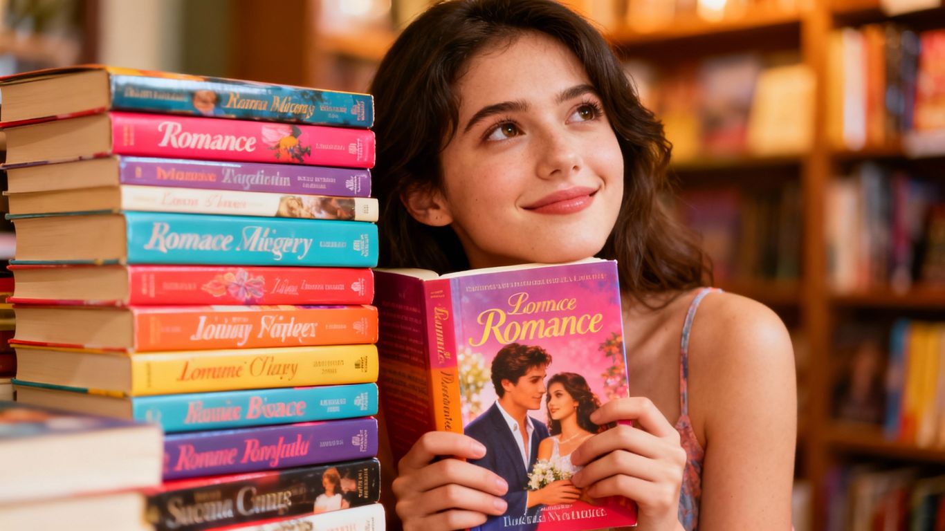 Teenage girl reading a captivating romance novel.