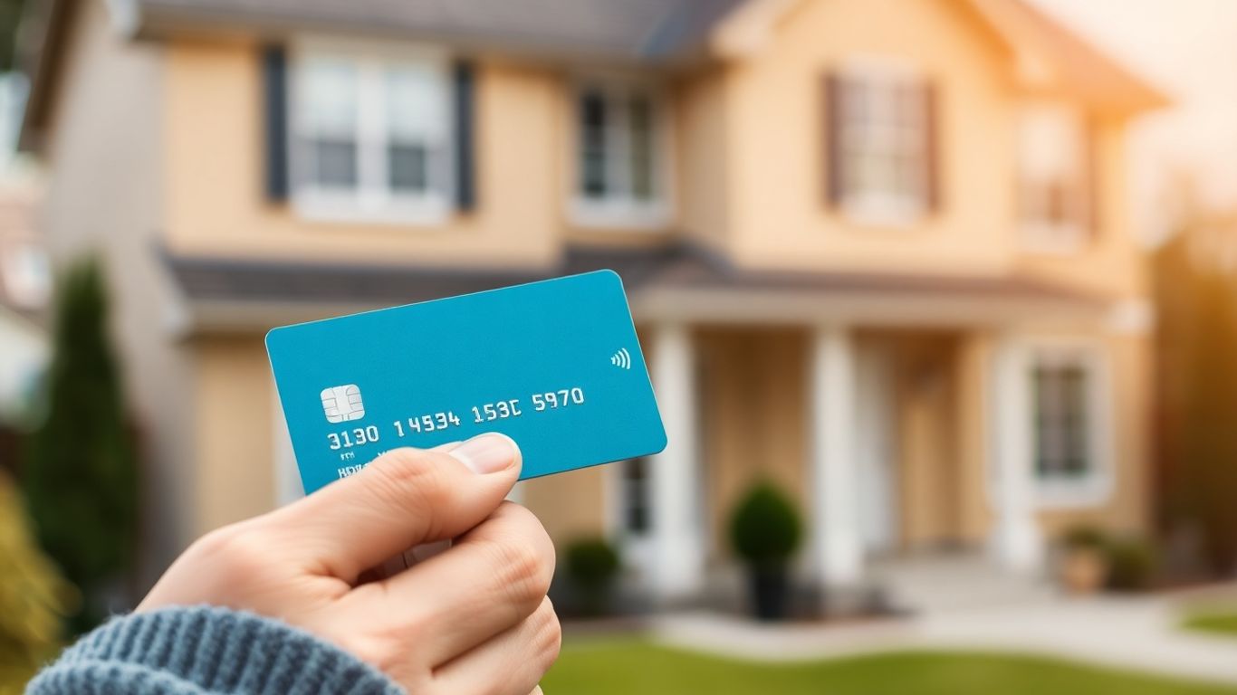 Mains tenant une carte bancaire devant une maison.