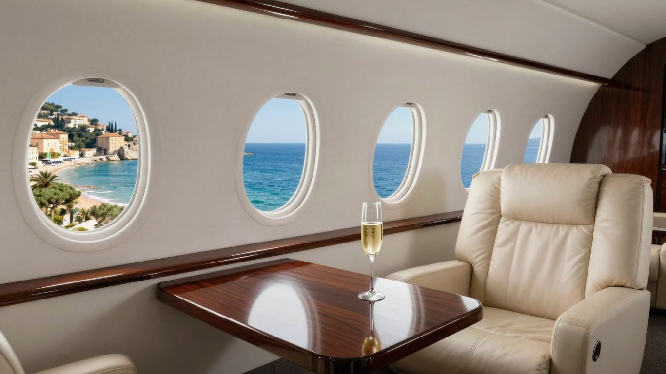 Private jet interior overlooking European coast