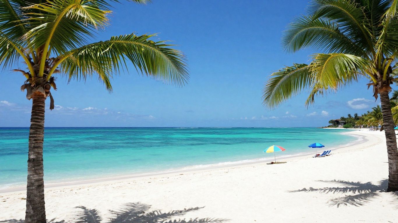 Sunny beach with clear water and palm trees.