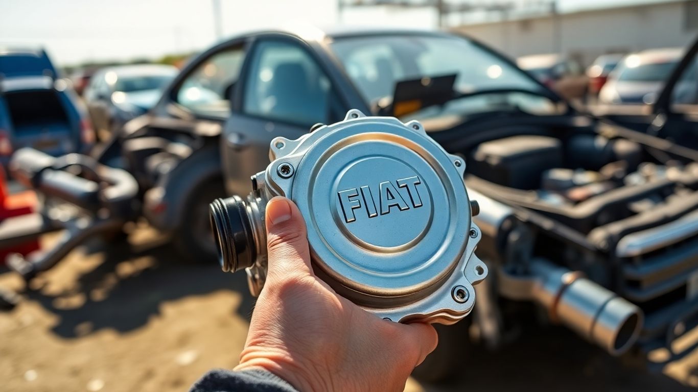 Mechanic holding salvaged Fiat car part
