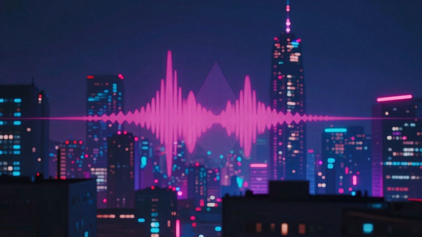 Cyberpunk cityscape with neon lights and abstract sound waves.