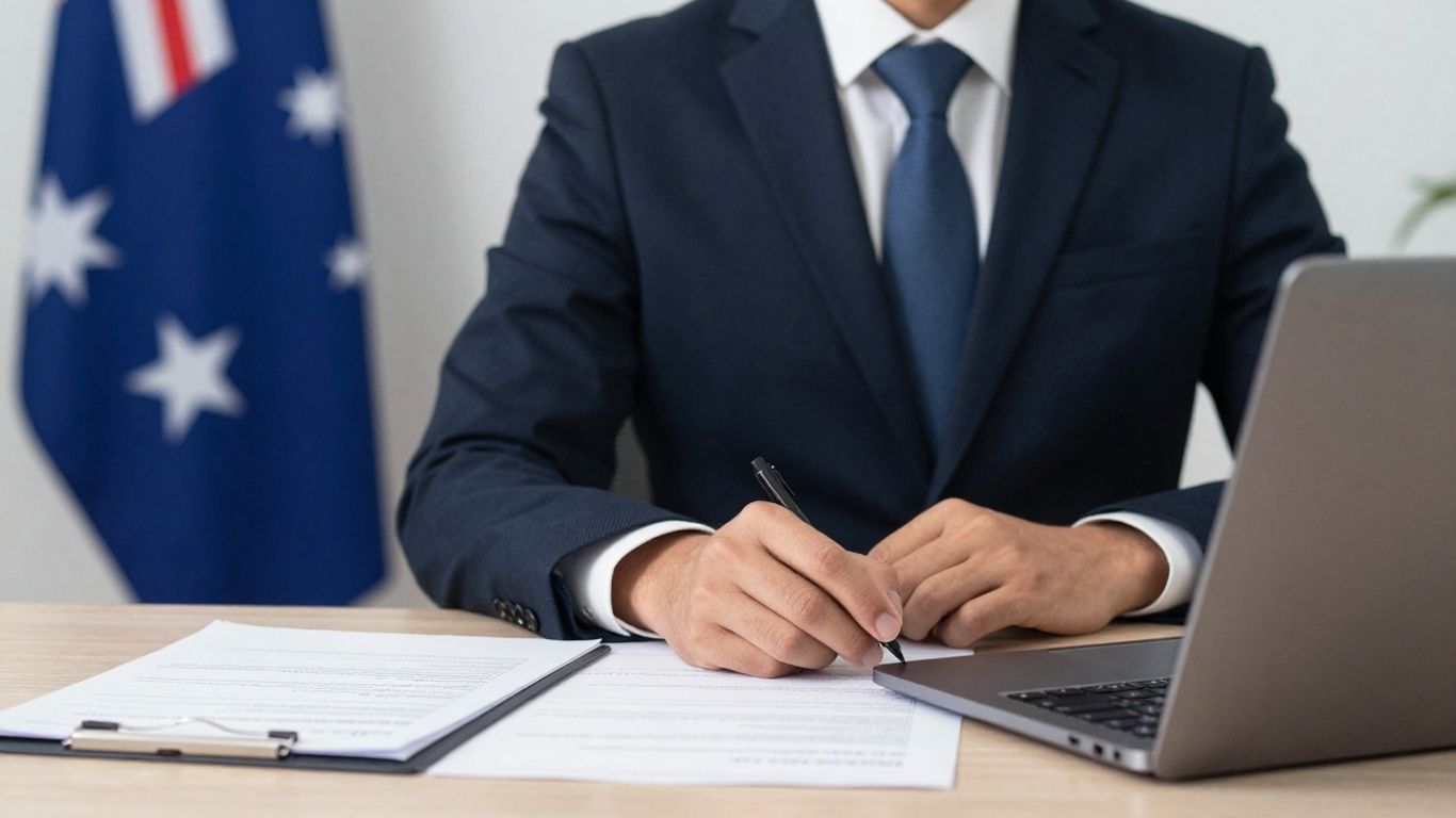 Person applying for Australian grant at desk with flag