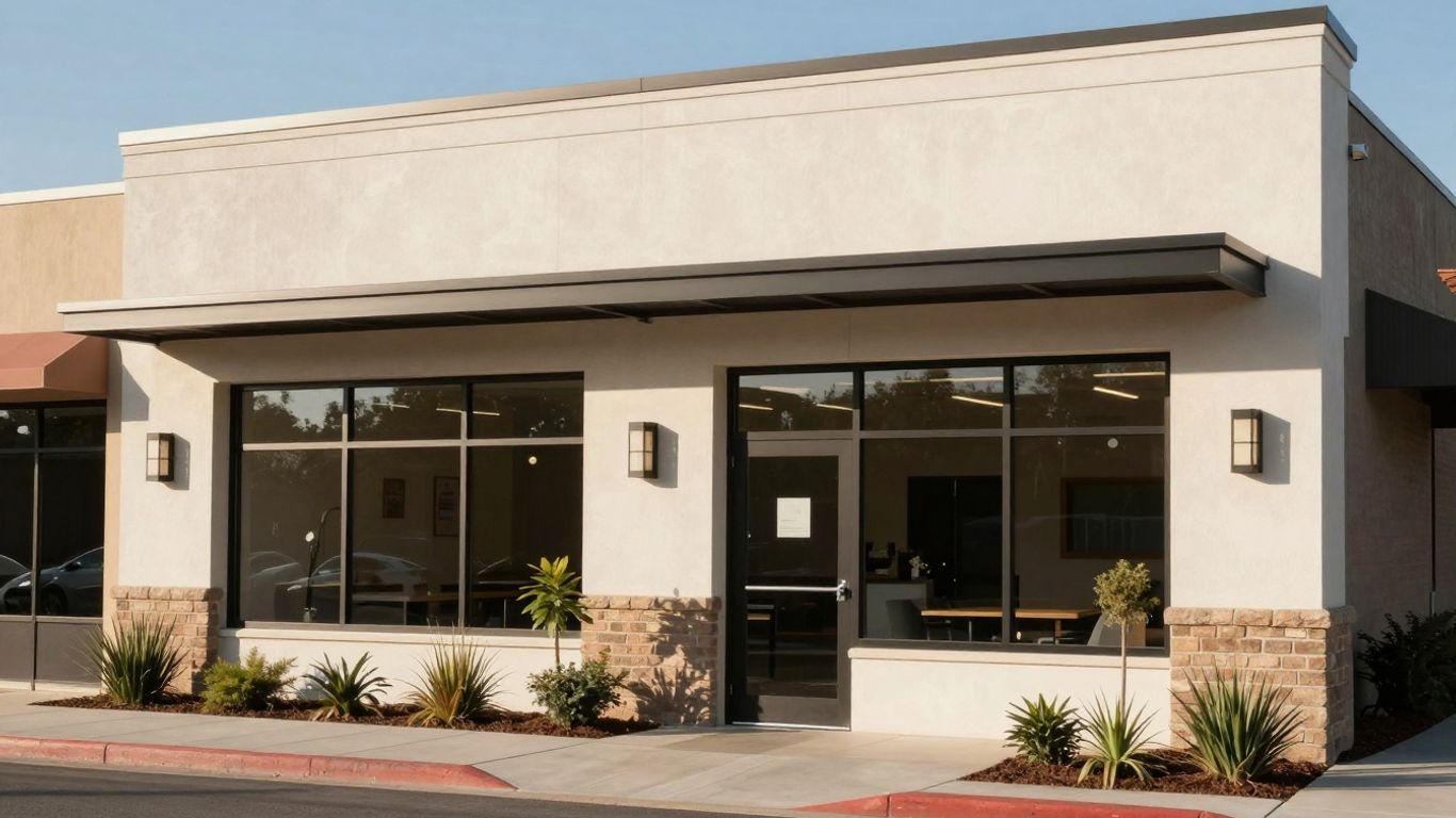 Dispensary exterior with plants and sunlight.