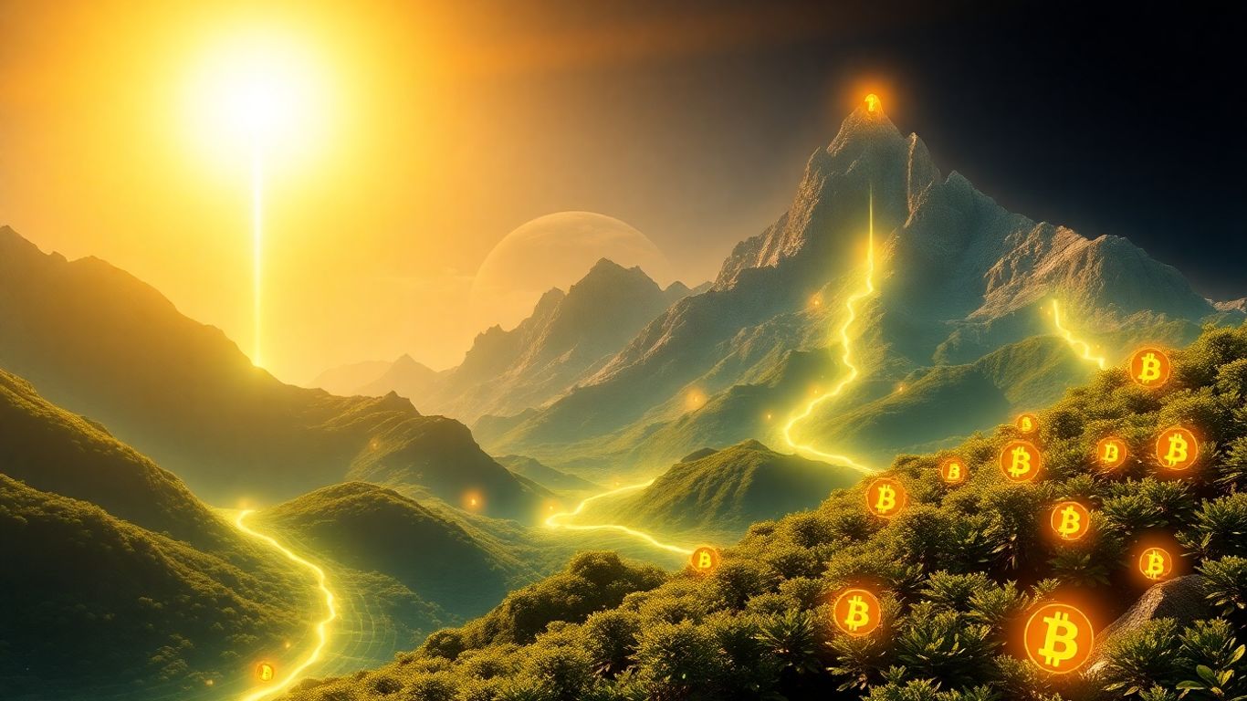 Digital mountain range with cryptocurrency symbols and sunrise.