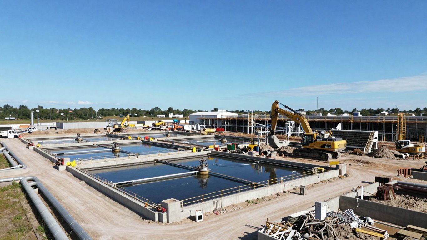 Wastewater treatment plant construction site with machinery.