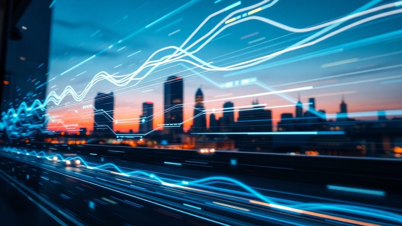 Abstract digital patterns and blurred cityscape for trading.