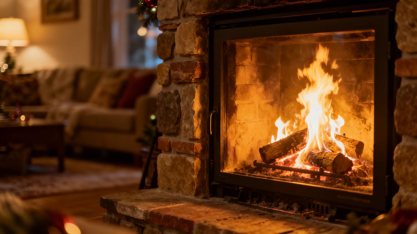 Cozy fireplace with warm flames, holiday decor.