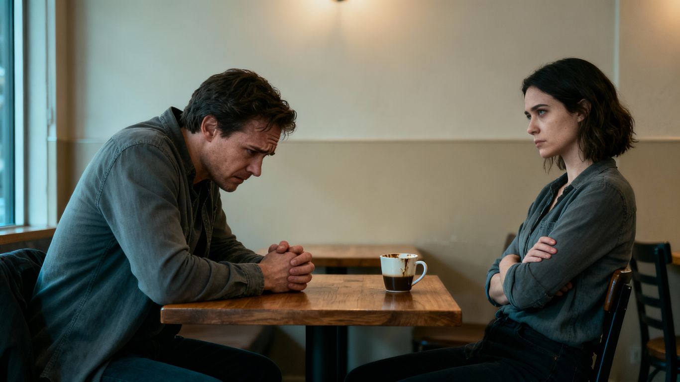Couple at cafe with one looking concerned, the other dismissive.