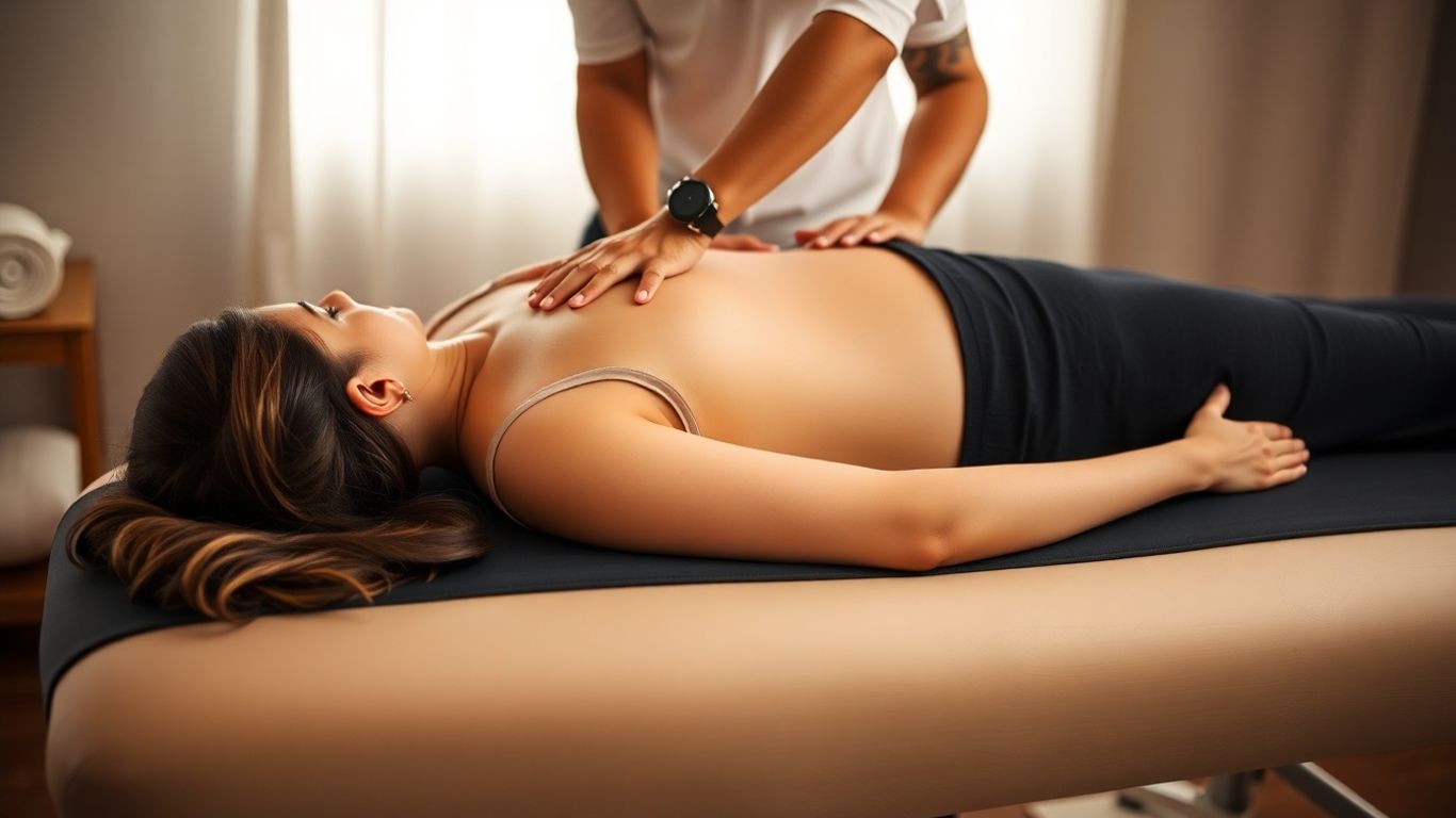 Chiropractor adjusting pregnant woman's back.