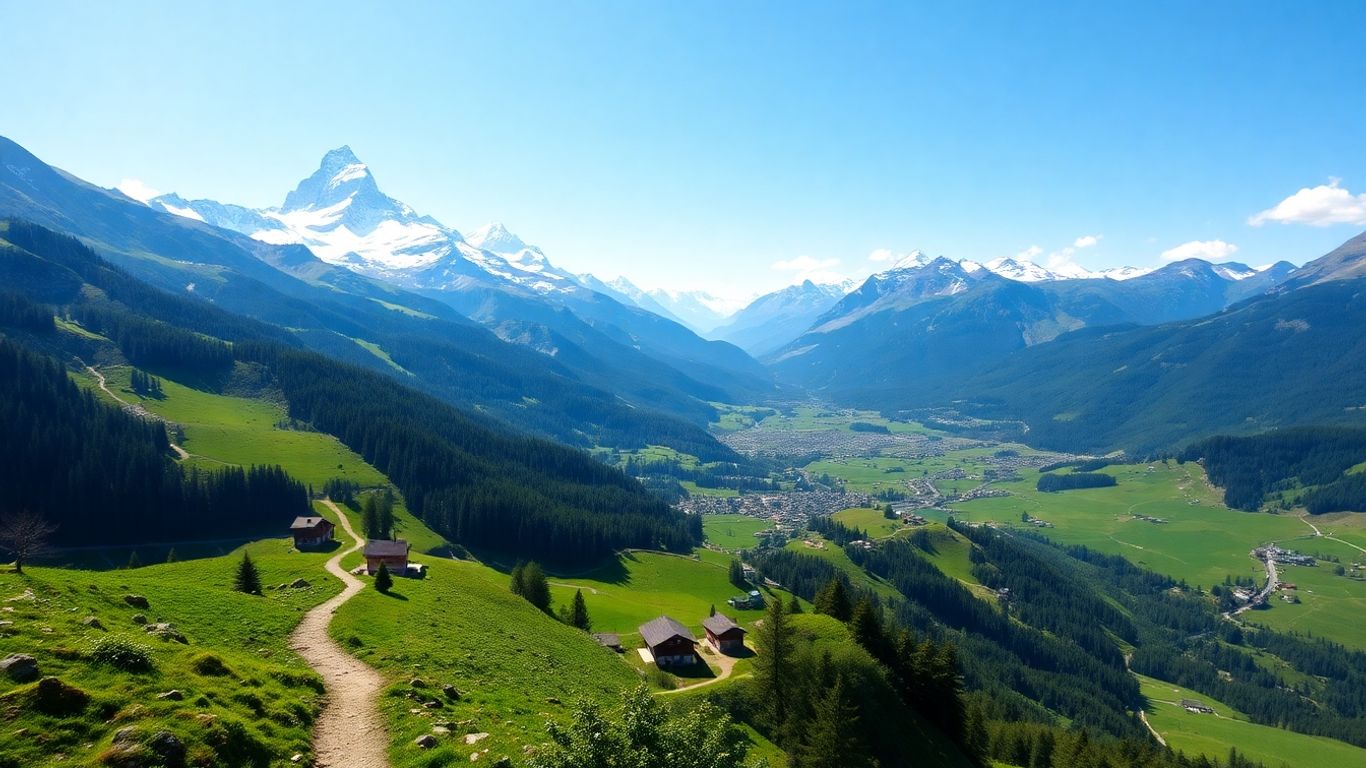 Schweizer Alpen mit Wanderweg und grünen Tälern