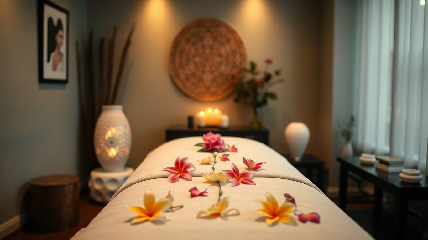 Serene Thai massage room with flowers and gentle hands.