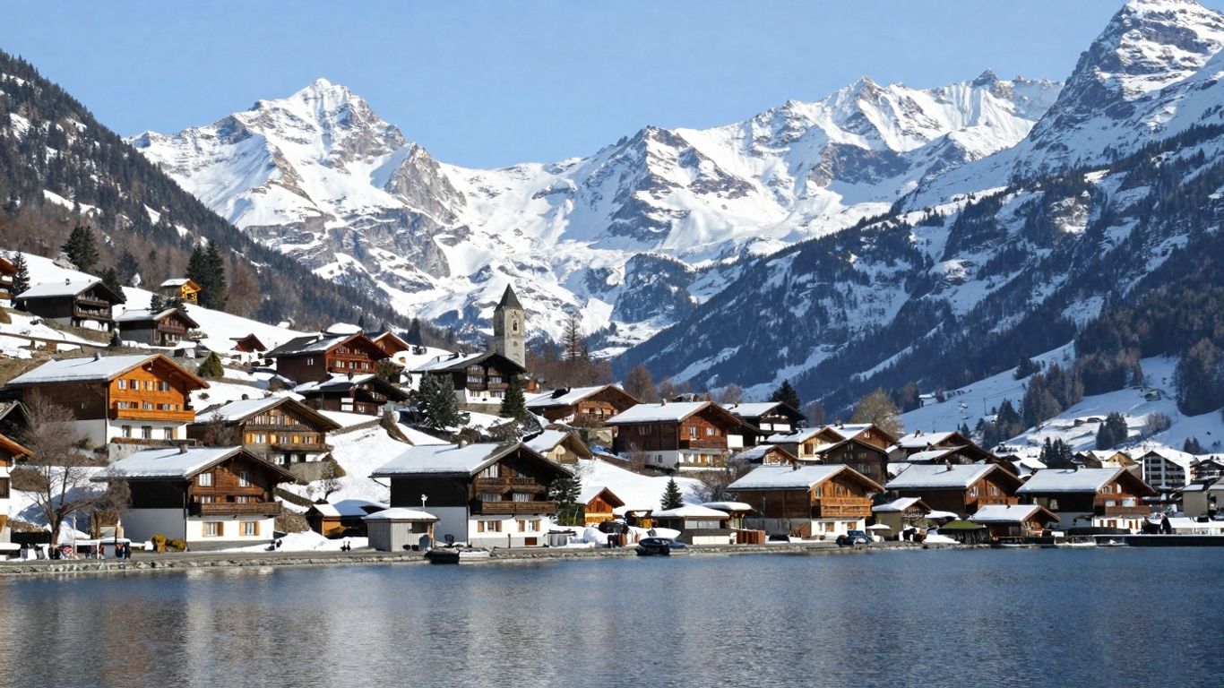 Snowy mountains above Davos chalets and lake.