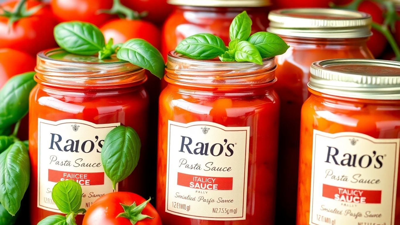 Jars of Rao's pasta sauce with fresh ingredients.