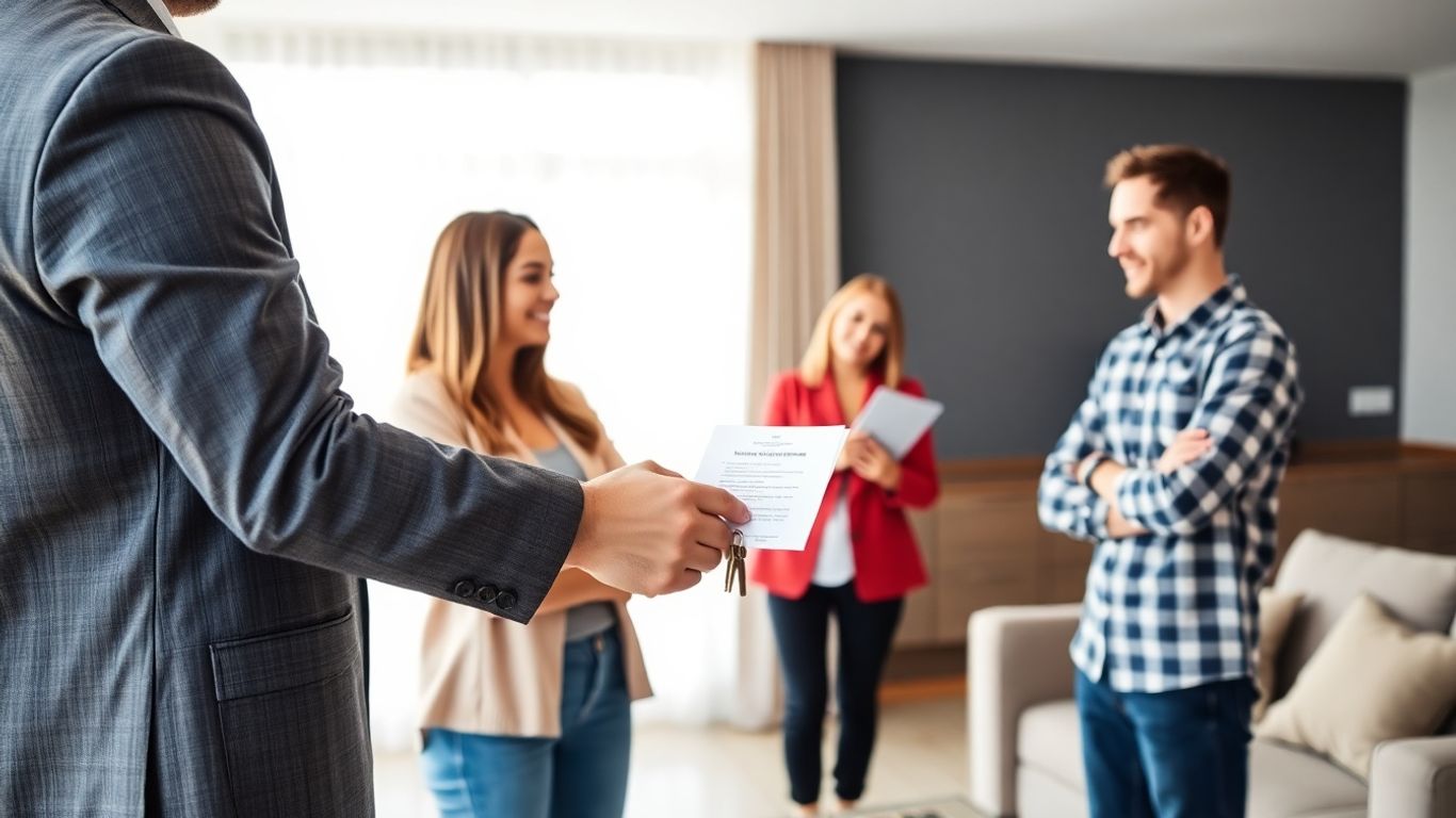 Propietario recibiendo llaves y asegurando contrato de alquiler