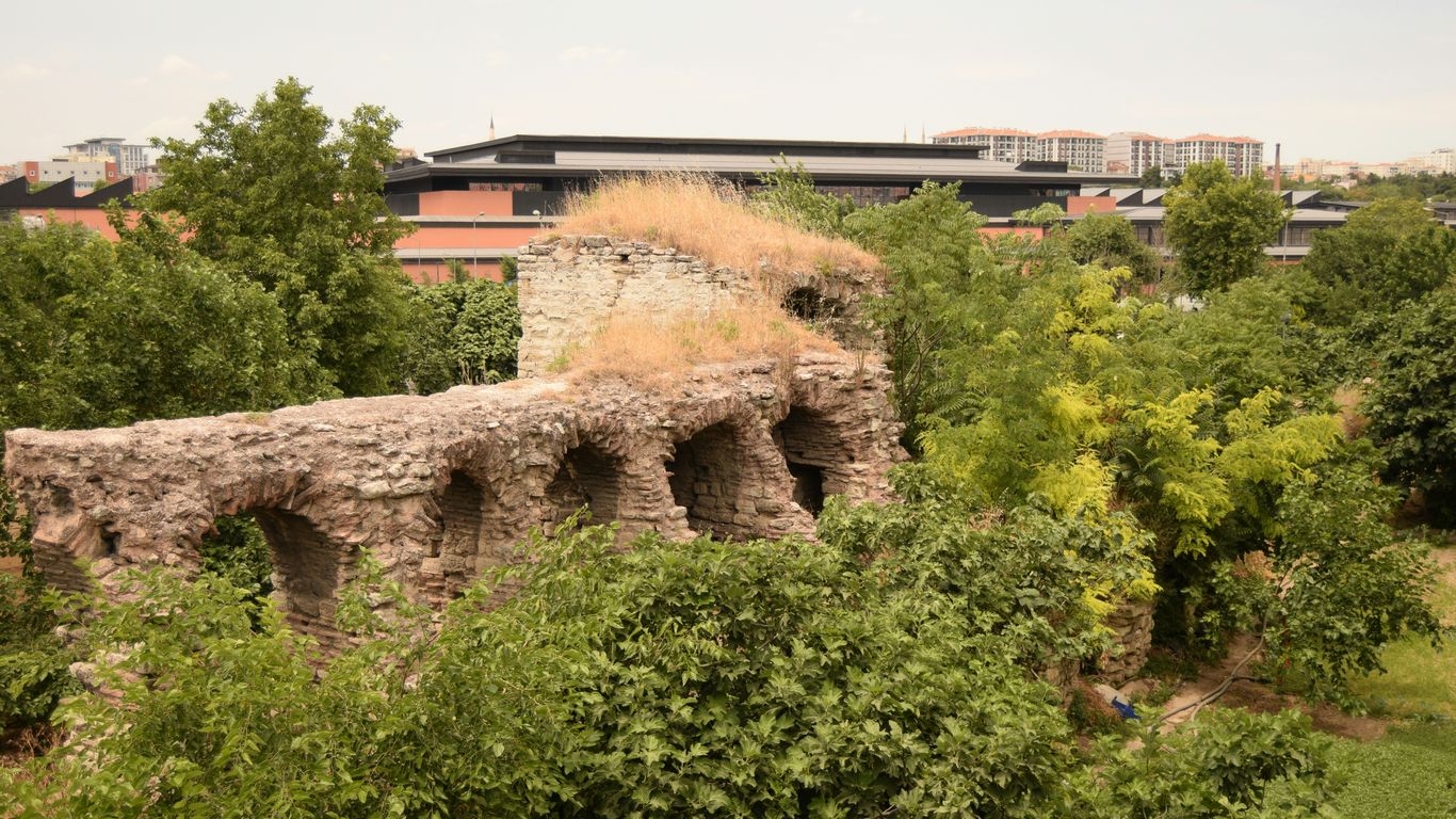 Ancient stone aqueduct ruins overgrown with trees