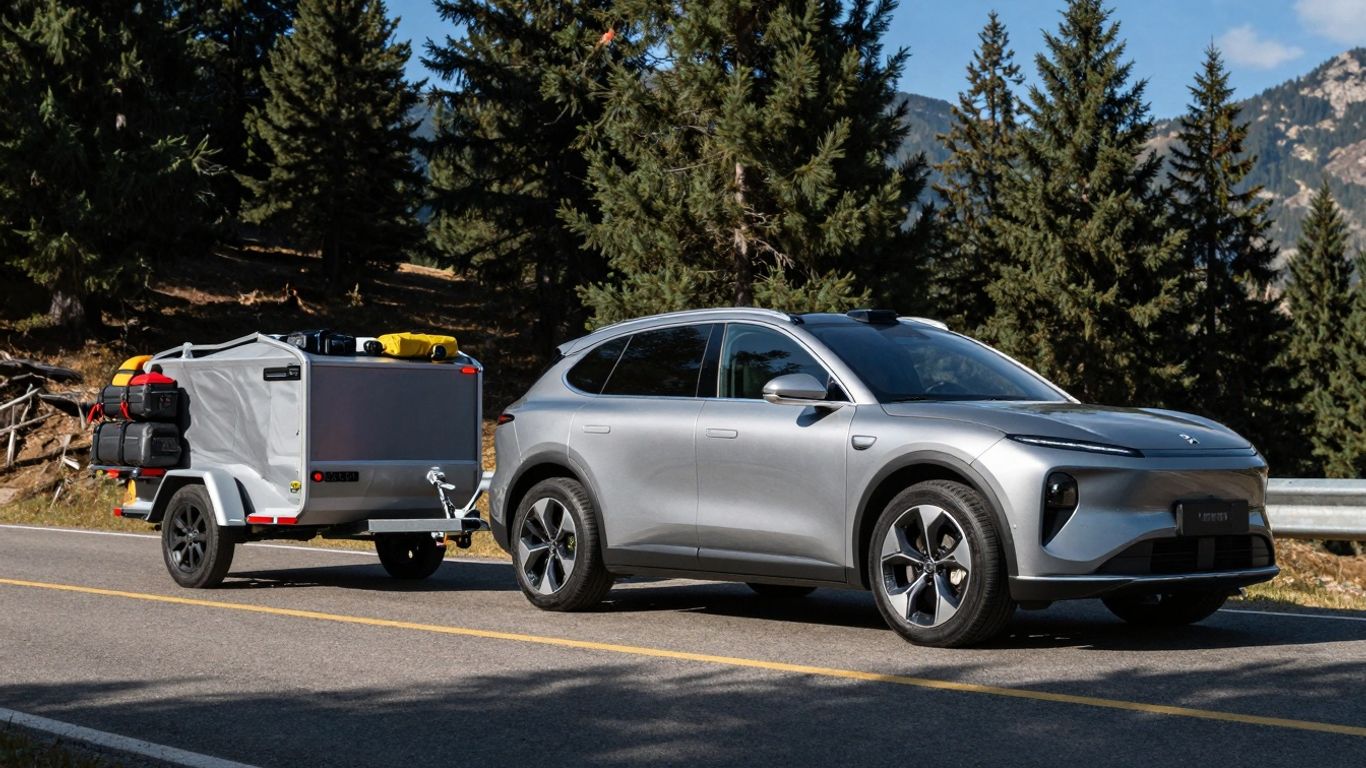 Electric SUV towing camping gear on a mountain road.