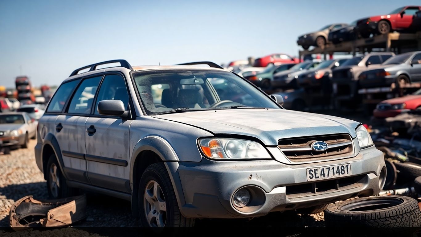 Scrap Subaru Outback in a junkyard with scattered car parts.
