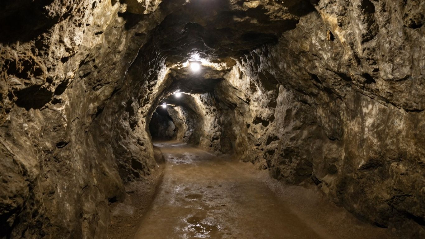 Podziemna trasa turystyczna w Kłodzku, ciemny tunel skalny