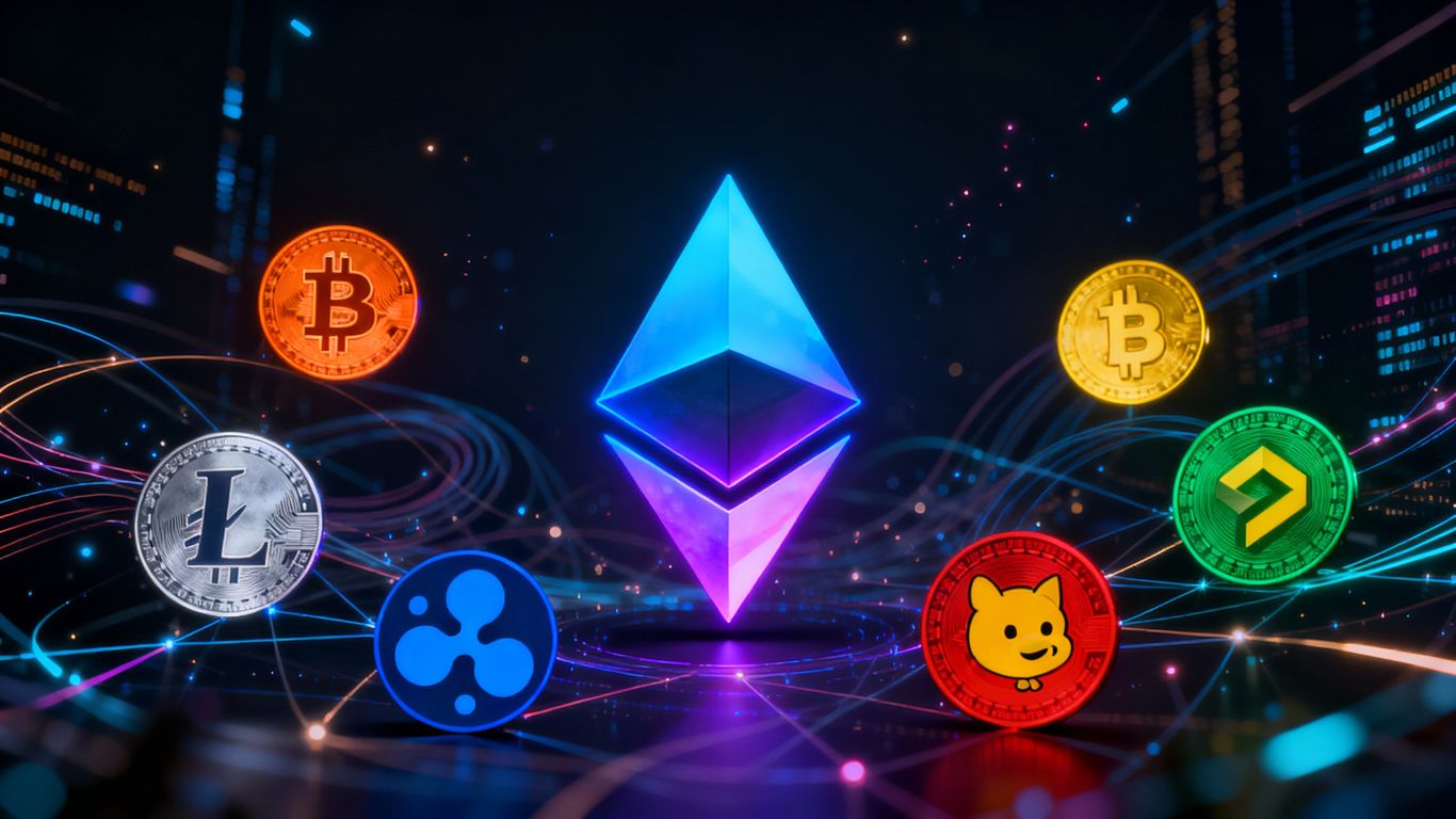 Ethereum logo with wallet icons and network activity.