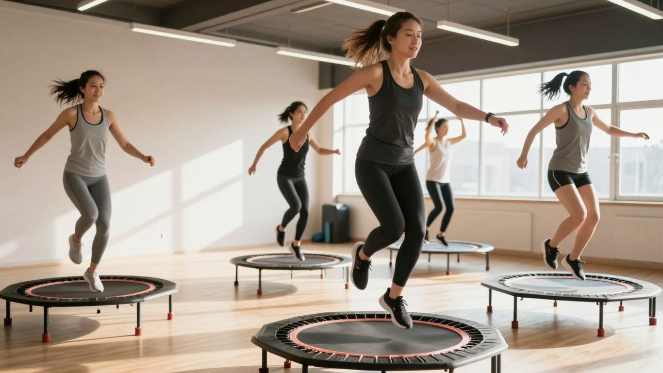 People jumping on rebounders in a fitness class.