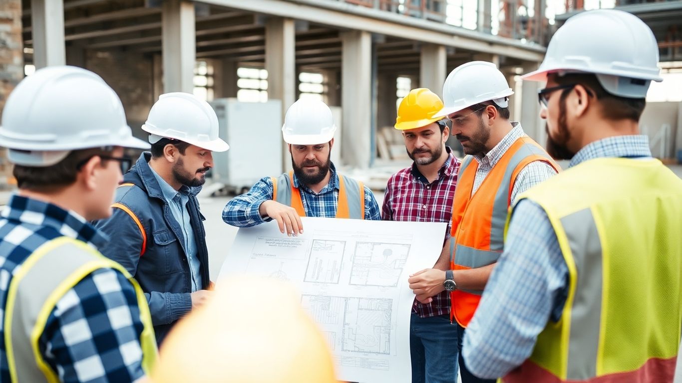 Construction workers reviewing a plan on a site.